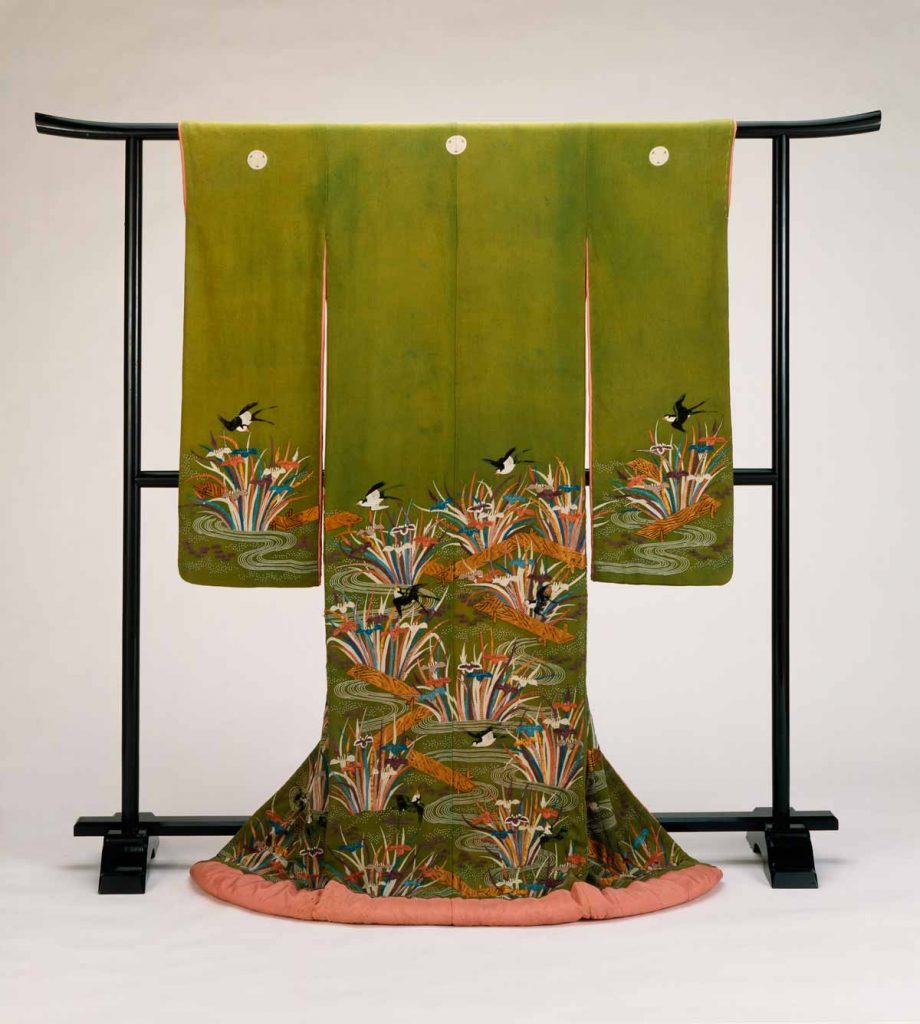 Woman-Outer-Kimono-with-Plank-Bridges-Irises-and-Swallows